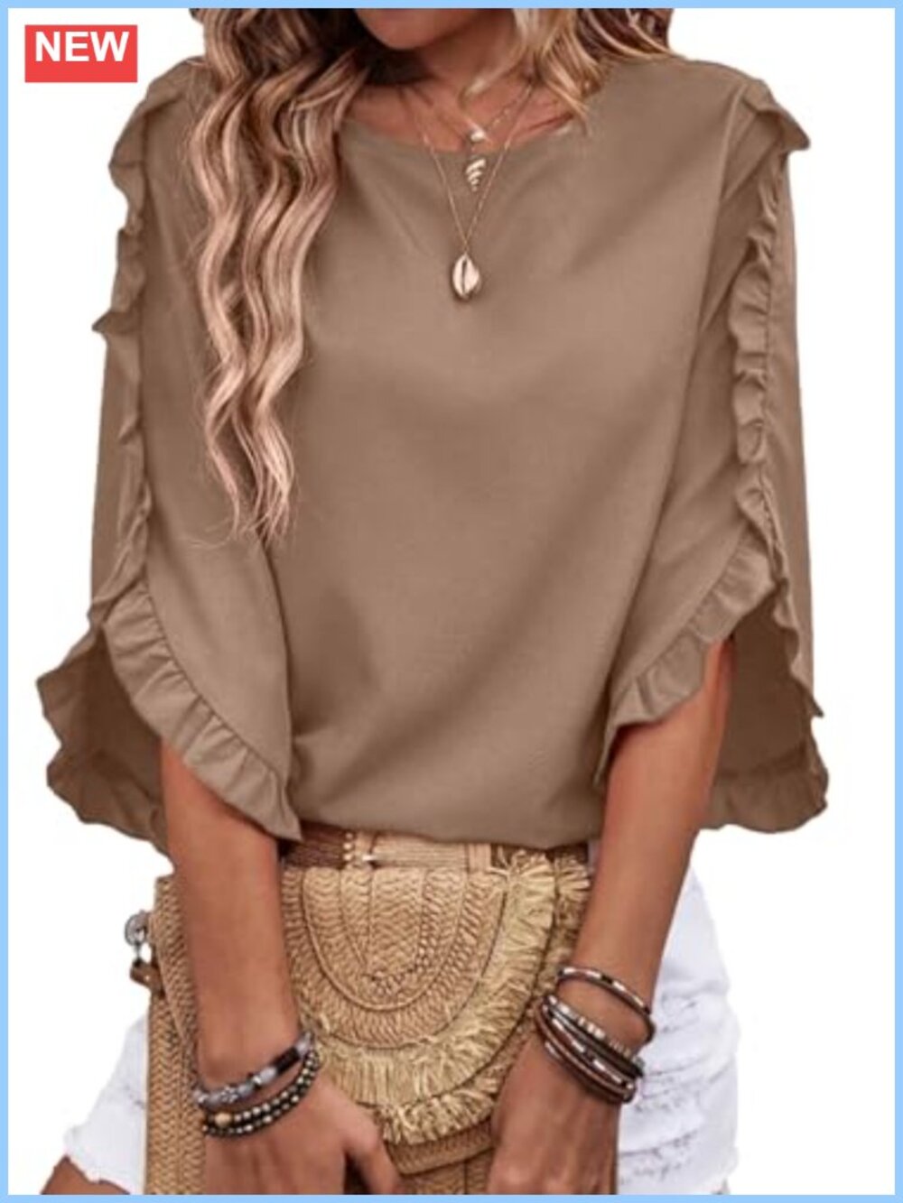 Ruffle 3/4 Sleeve Blouse Womens Dressy Casual Flowy Polyester Top